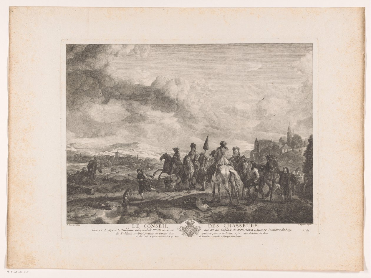 Grupo de caça em repouso numa paisagem
Le Conseil des Chasseurs (título sobre o objecto)
Impressões após pinturas de Philips Wouwerman (título da série)
Oeuvres de Ph.pe Wouwermans Hollandois (título da série) de Jean Moyreau