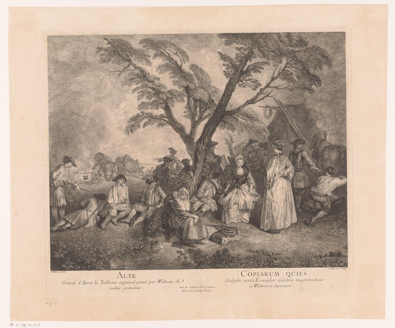 Rustende reizigers bijeen halte Alte - Copiarum Quies (título no objeto) Obra de Antoine Watteau (título da série) A obra de Antoine Watteau, pintor do rei na sua Academia Real de Pintura e Escultura (...) (título da série) de Jean Moyreau