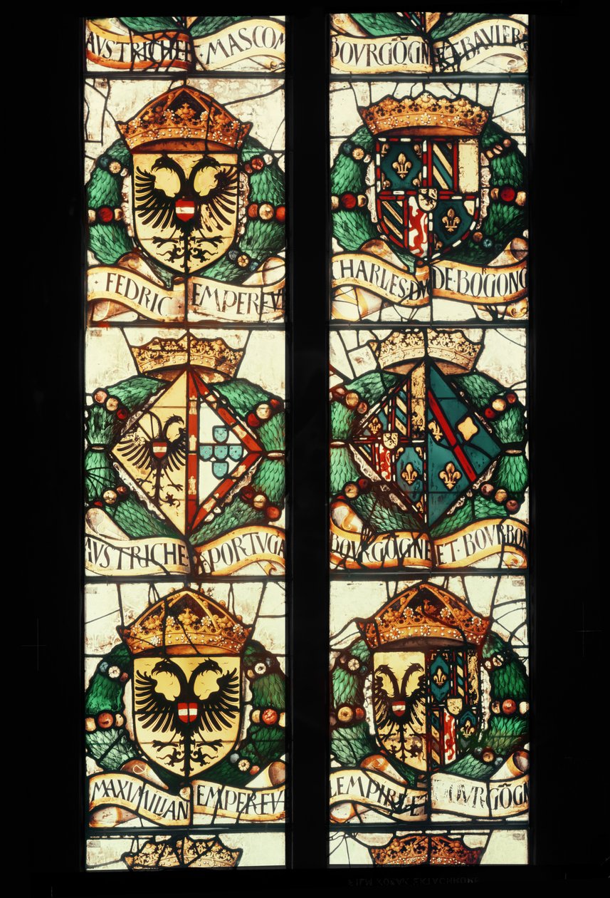 Brasões heráldicos das famílias reais da Áustria, Alemanha, França e Portugal associados ao doador, Margaret da Áustria, 1527-29 de Jean Orquois Antoine Noisin
