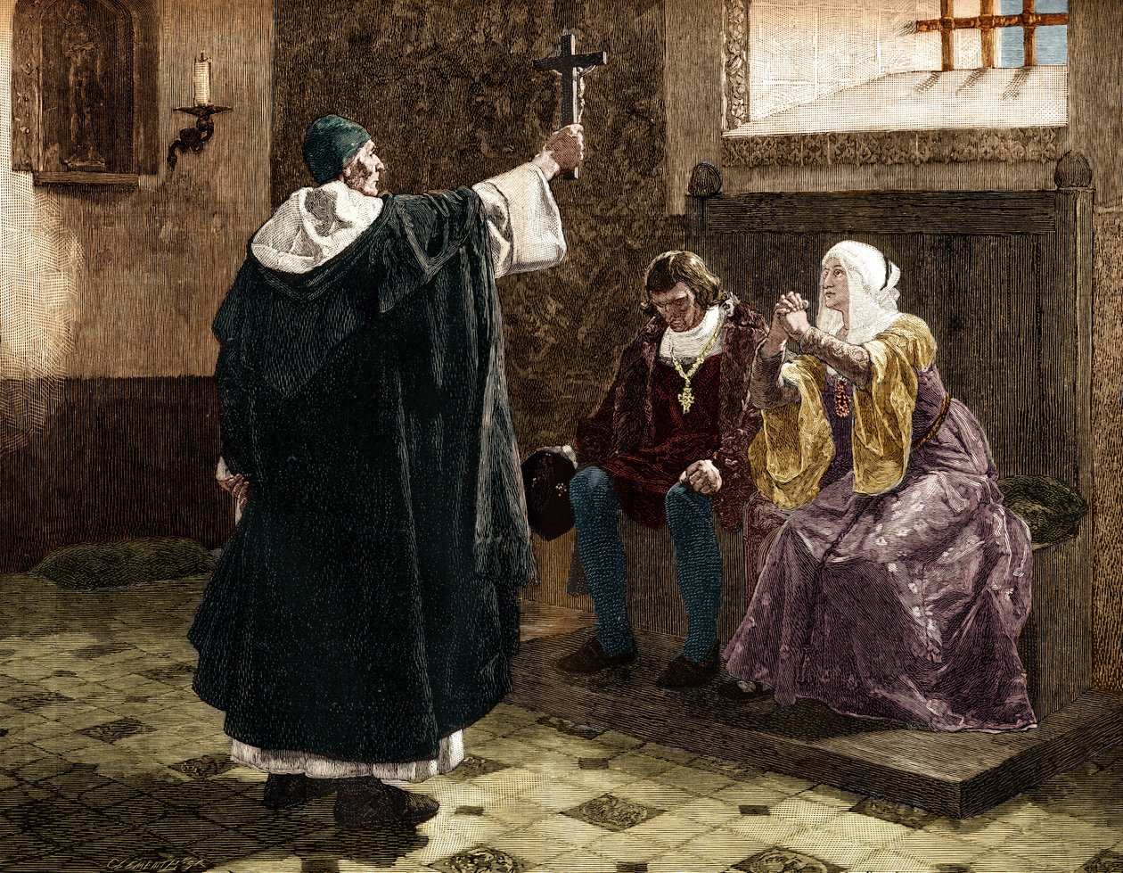 O grande inquisidor espanhol, Fray Tomas de Torquemada (1420-1498), entre os reis católicos Fernando II e Isabel 1 de Castela de Jean Paul (after) Laurens