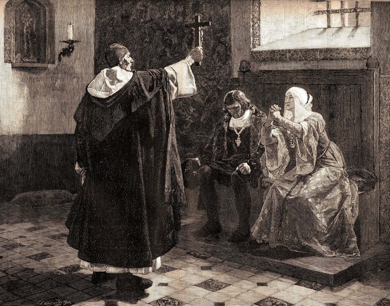 O grande inquisidor espanhol, Fray Tomas de Torquemada (1420-1498), entre os reis católicos Fernando II de Aragão e Isabel de Castela de Jean Paul (after) Laurens