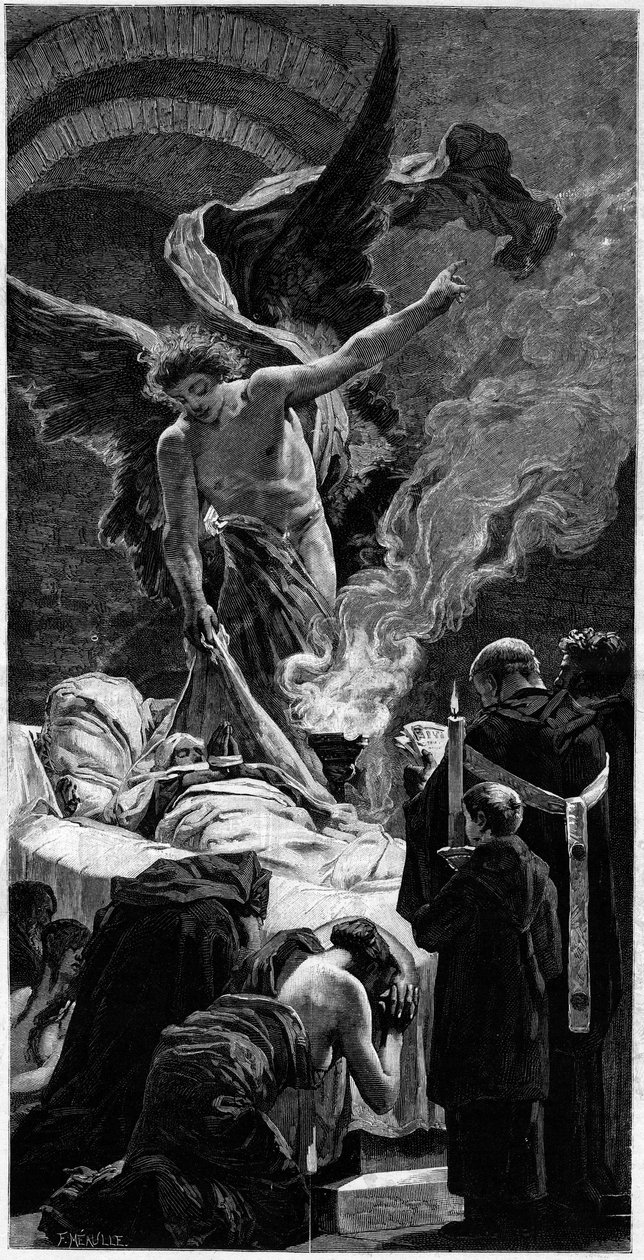 A transfiguração de Santa Geneviève. Gravura depois do fresco de Jean Paul Laurens (1838-1921) no Panteão de Paris. Em "O Mundo Ilustrado" n°1312 de 20 de maio de Jean Paul (after) Laurens