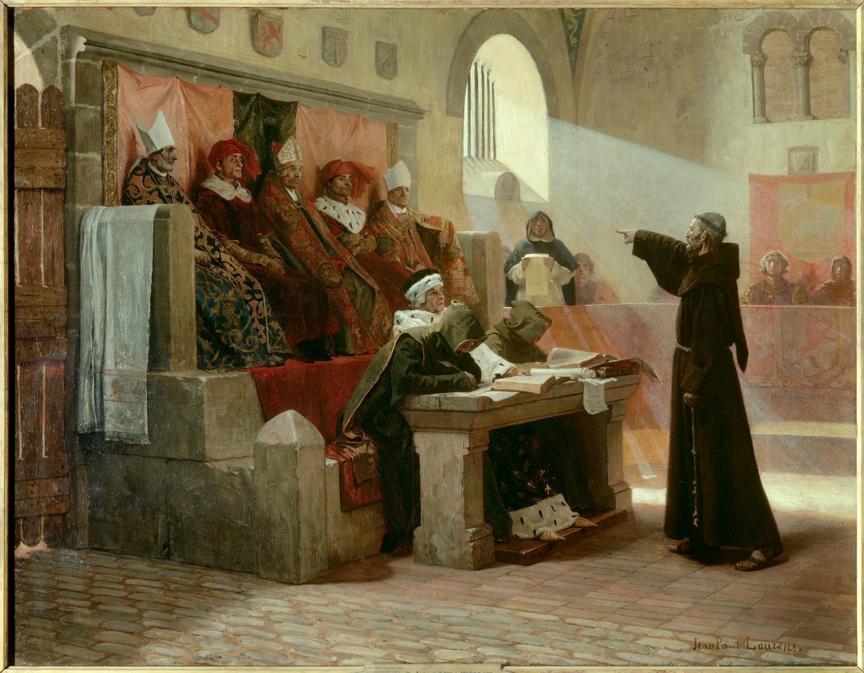 Albigeoise Inquisition: "O agitador do Languedoc Bernard Delicieux (1260-1318), monge franciscano durante seu julgamento". A cena do julgamento: na primeira fila do centro, de frente para Bernard Delicieux, o grande inquisidor é cercado por dois religiosos de Jean Paul Laurens