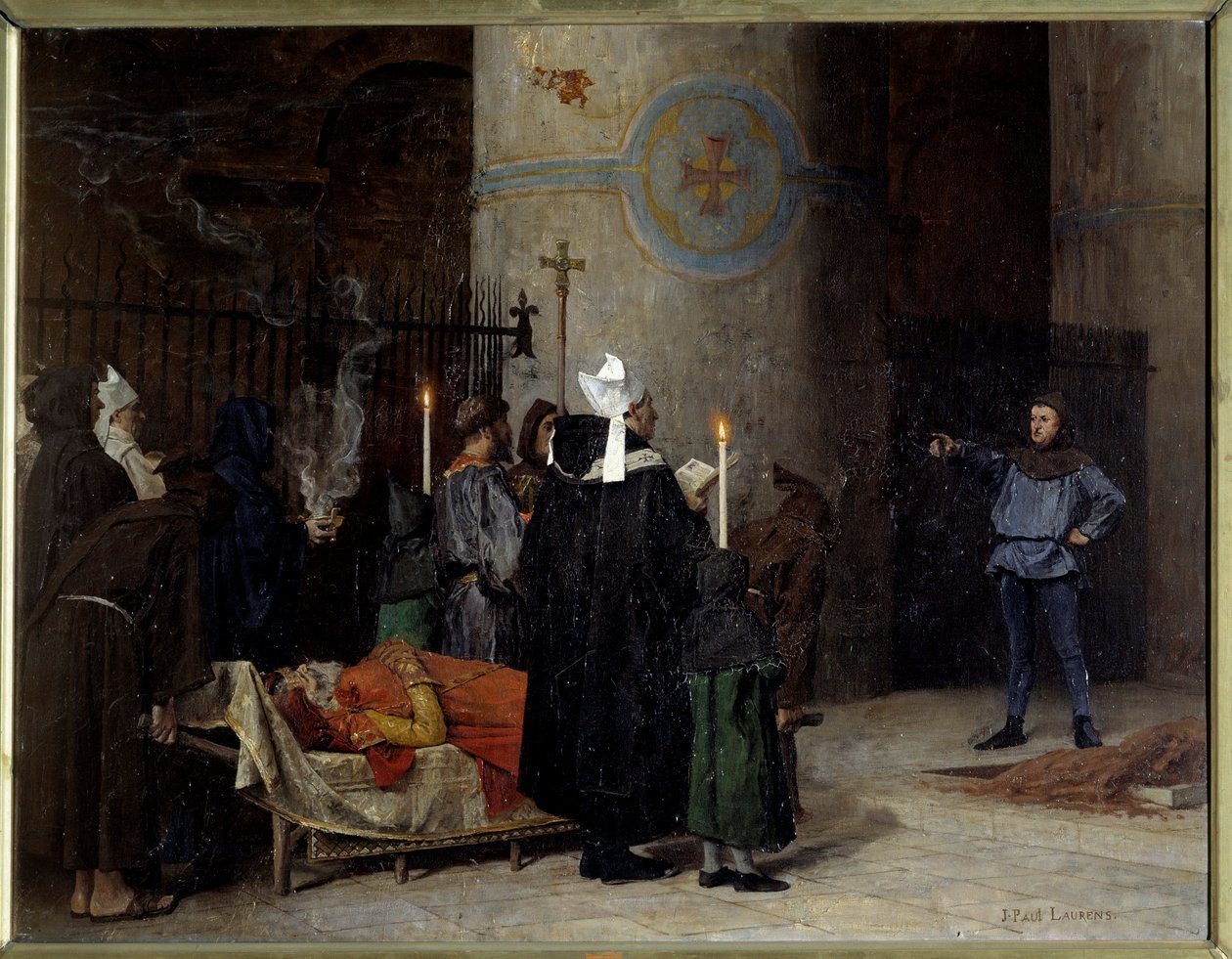 Funeral de Guilherme o Conquistador (1027-1087), Rei da Inglaterra de 1066 a 1087 (1087), na Abadia aux Hommes (Abbey-au-Hommes) de Caen. Um homem chamado Asselin interrompe a cerimônia. Pintura de Jean Paul Laurens (1838-1921) de Jean Paul Laurens