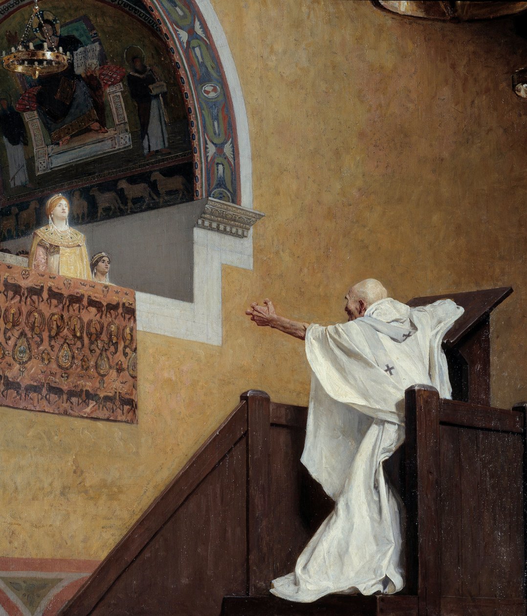 São João Crisóstomo (349-407) e a Imperatriz Eudoxia (? 404). O Patriarca culpa a Imperatriz Ocidental Eudoxia (Eudoxia Aelia) e culpa-a pelo seu luxo e amor à pompa. Detalhe. Pintura de Jean Paul Laurens (1838-1921) de Jean Paul Laurens