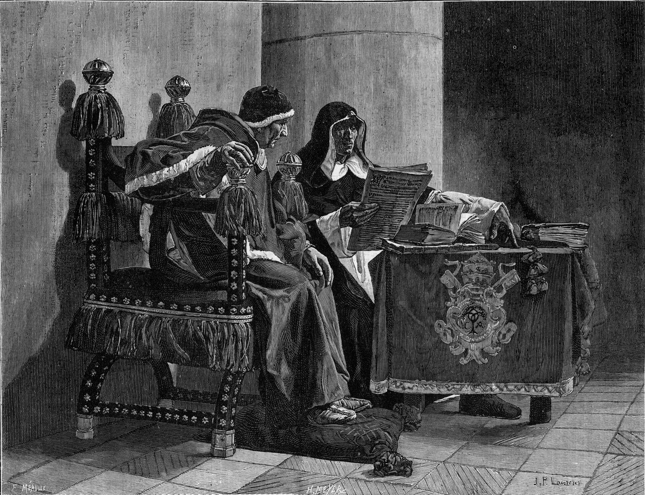 O Papa e o Inquisidor dizem também "Sixte IV (1471-1484) e Tomas de Torquemada (1420-1498)" gravada após a pintura de João Paulo Laurens (1838-1921) de Jean Paul Laurens