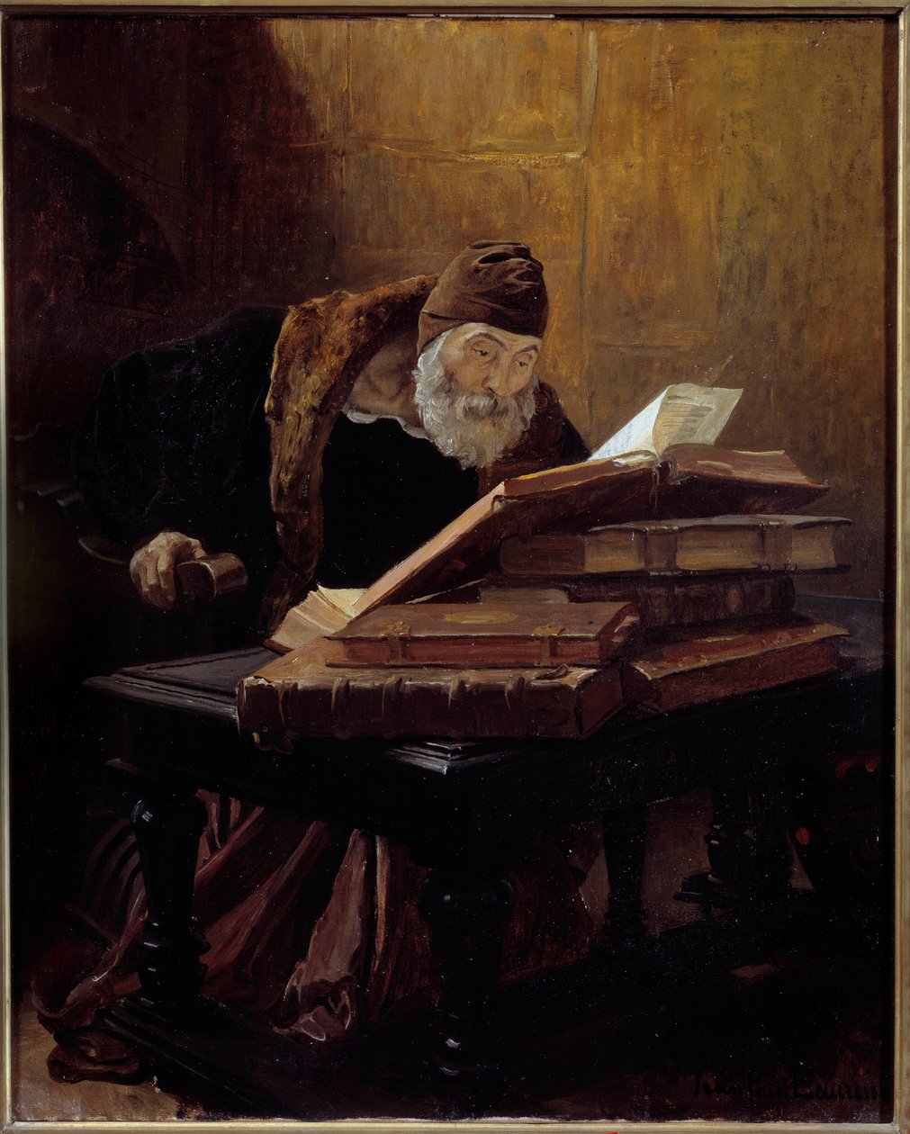 O velho cientista. Pintura de Jean Paul Laurens (1838-1921) 1889. Óleo sobre tela. Dim: 0,60 X 0,48m. Toulouse, Musee Des Augustins - O velho cientista ou o alquimista. Pintura de Jean Paul Laurens (1838-1921) de Jean Paul Laurens