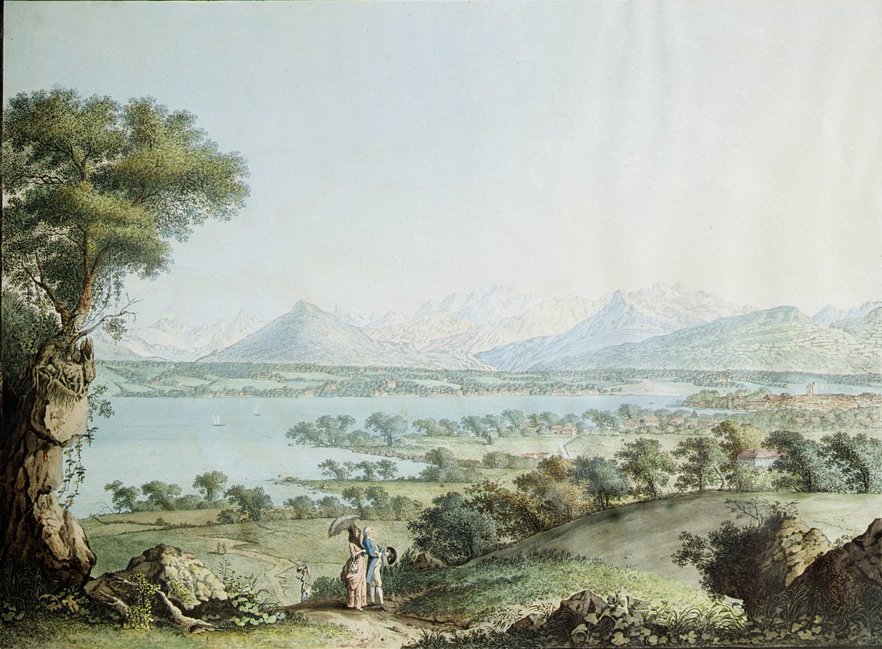 Vista do Mont Blanc com Genebra em primeiro plano, gravada por Jean Philippe Linck II (1770-1812) e Jacob Philippe Hackert (1737-1807) de Jean Philippe II Linck