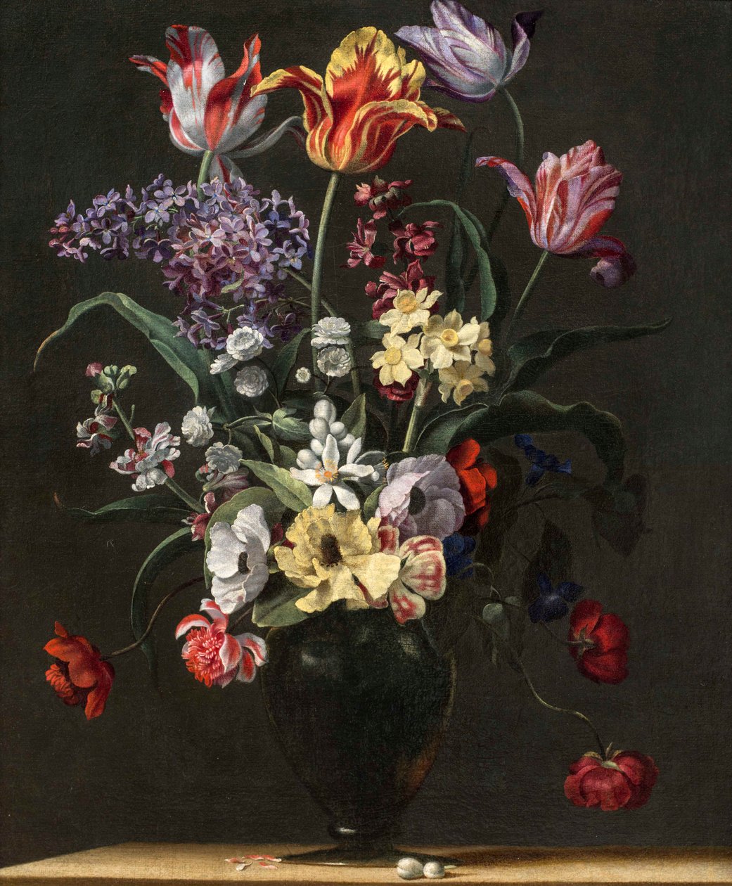 Tulipas, lírios, narcisos, lilases e outras flores em um vaso de vidro em uma borda de madeira, um de um par, século XVII de Jean Picart