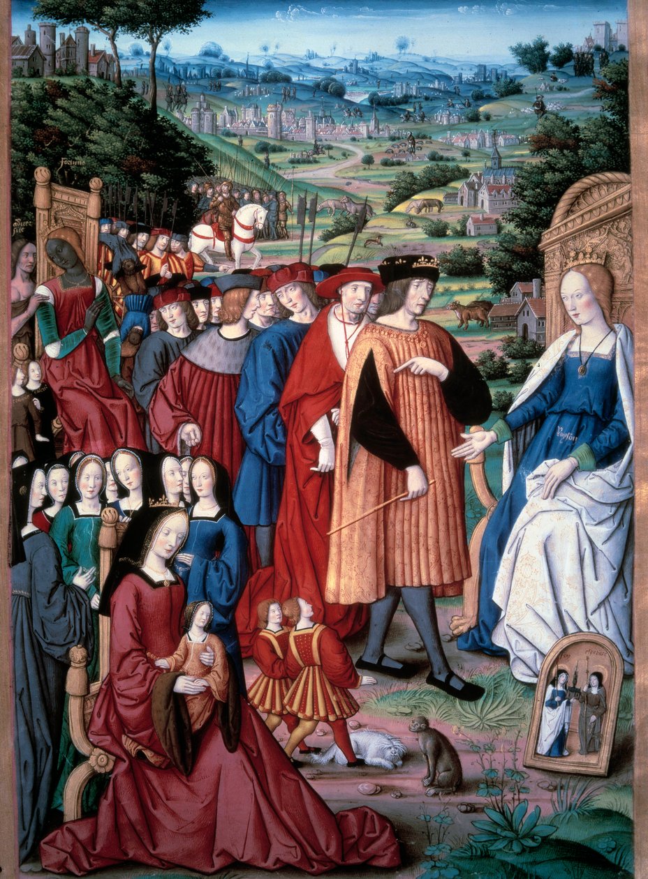Alegoria: razão e homem. O rei da França Luís XII (1462-1515) avança para a razão que projeta sua esposa a rainha Ana da Bretanha (1477-1514). Miniatura de Jean Pichore em “” Remedes contra uma e outra fortuna. De remediis utriusque fortunae de Jean Pichore