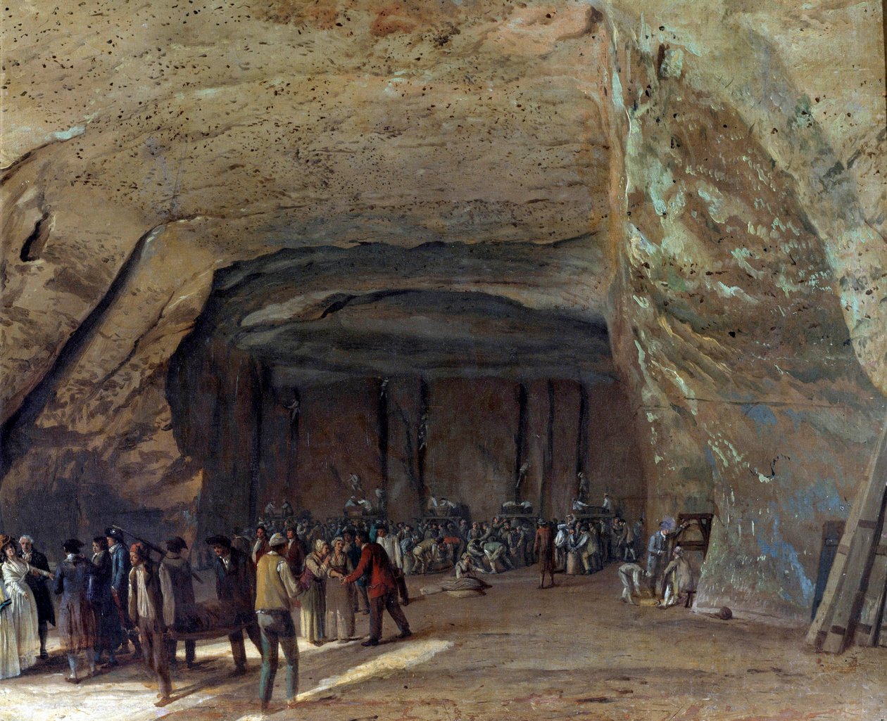 Adega servindo como armazém de sal em Dieppedalle por volta de 1789 Trabalhadores em uma pedreira de sal. Pintura de Jean pierre Houel (1735-1813) 1789 aproximadamente Sun. 0,65x0,97 m Rouen, musee des Beaux Arts - Gruta usada como armazém de sal em Dieppe de Jean Pierre Houel