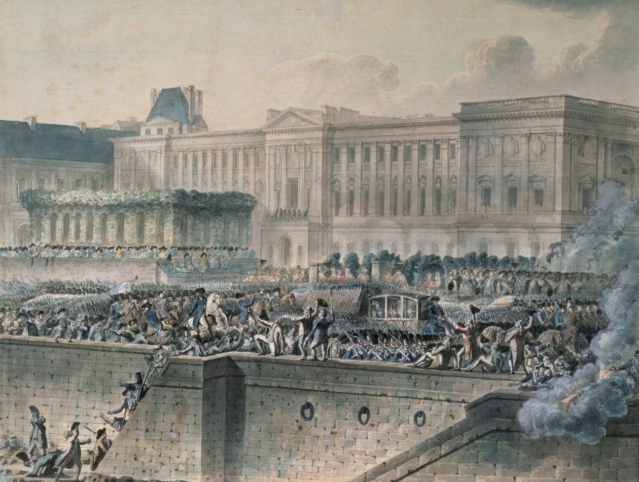 A chegada de Louis XVI (1754-93) em frente ao Louvre, 17 de julho de 1789 (wc e guache sobre papel) de Jean Pierre Houel