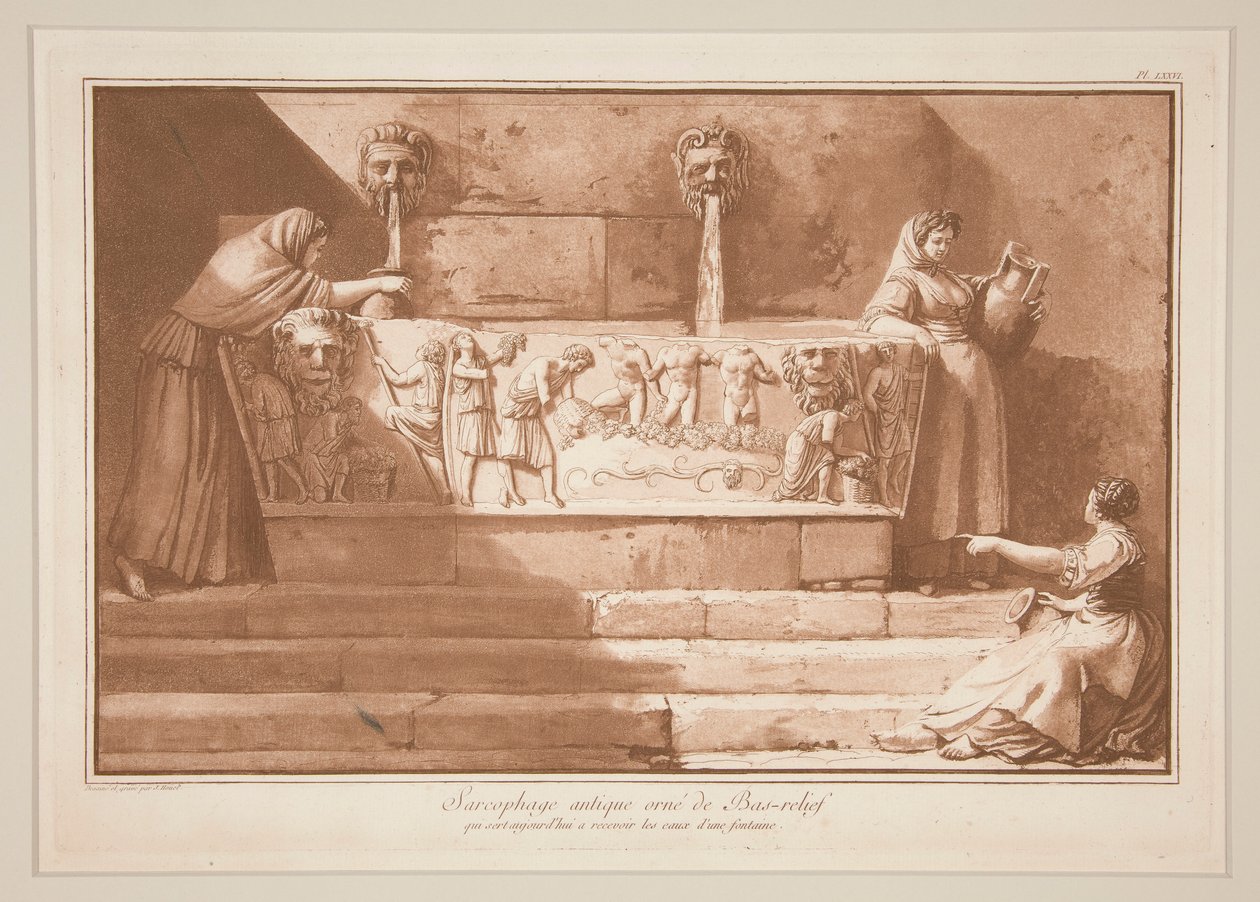 Sarcófago antigo com Bas-Relief de Jean Pierre Laurent Houel