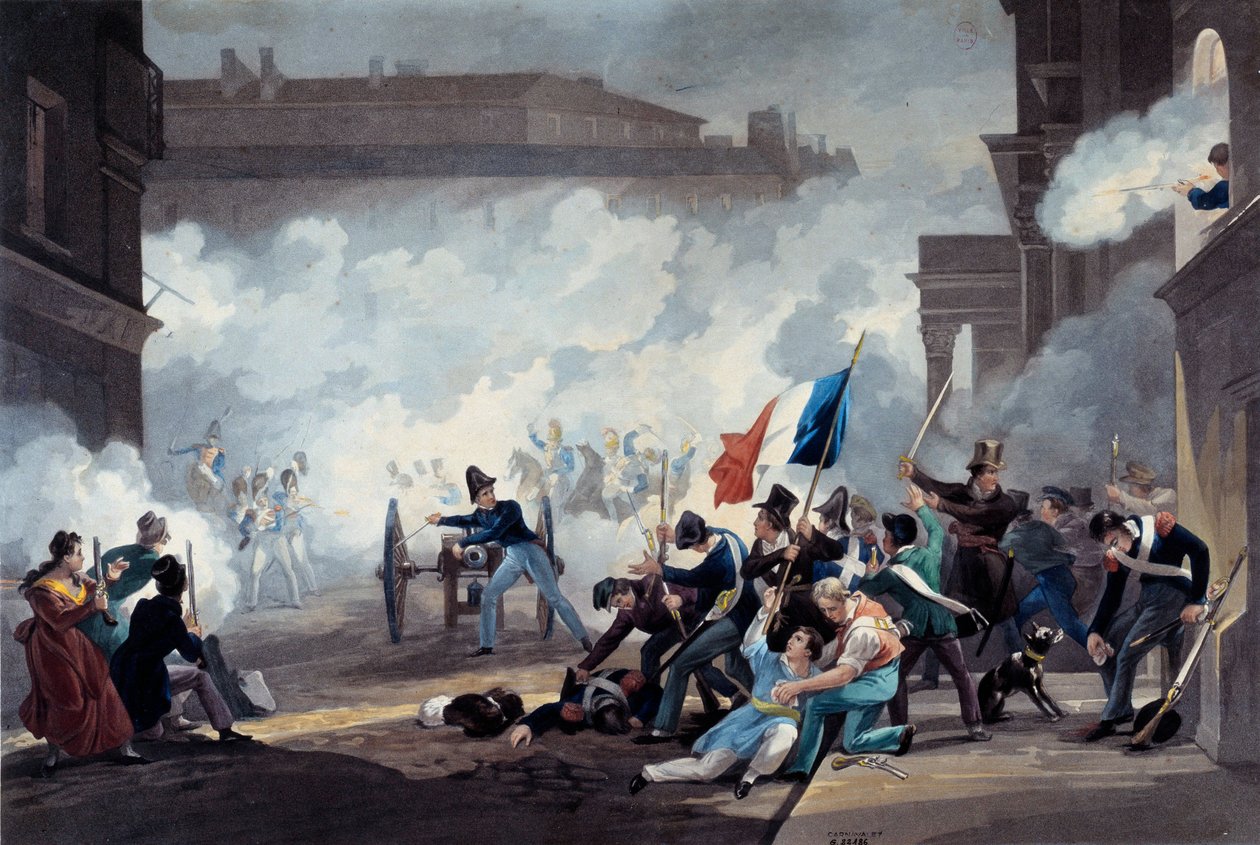 Revolução de 1830: Um estudante da Ecole Polytechnique apreendeu um canhão durante a captura do Palais-Royal em 28 de julho. de Jean Pierre Marie Jazet