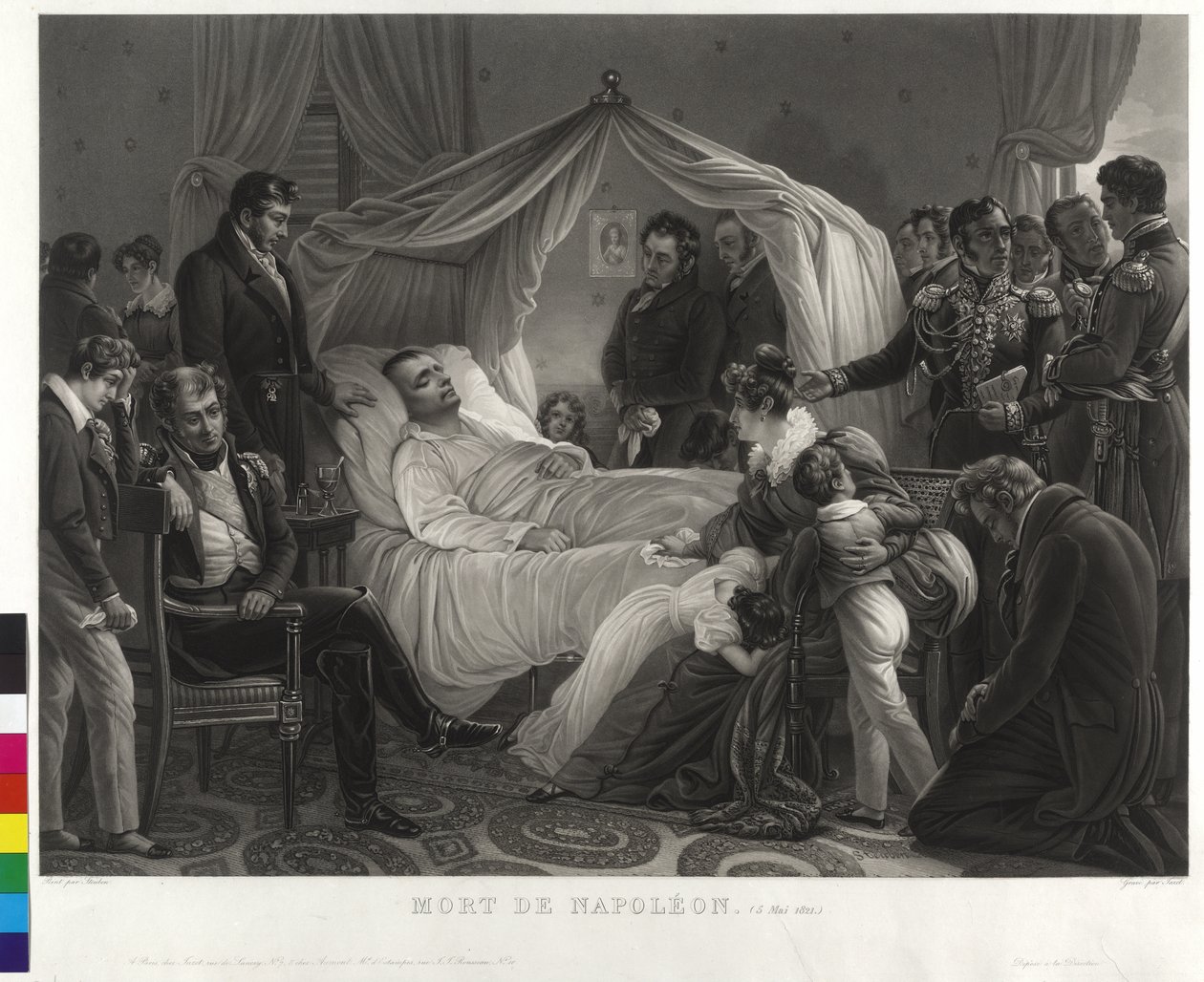 Cercado pelo cavaleiro Napoleão I no leito de morte (aquatint) de Jean Pierre Marie Jazet
