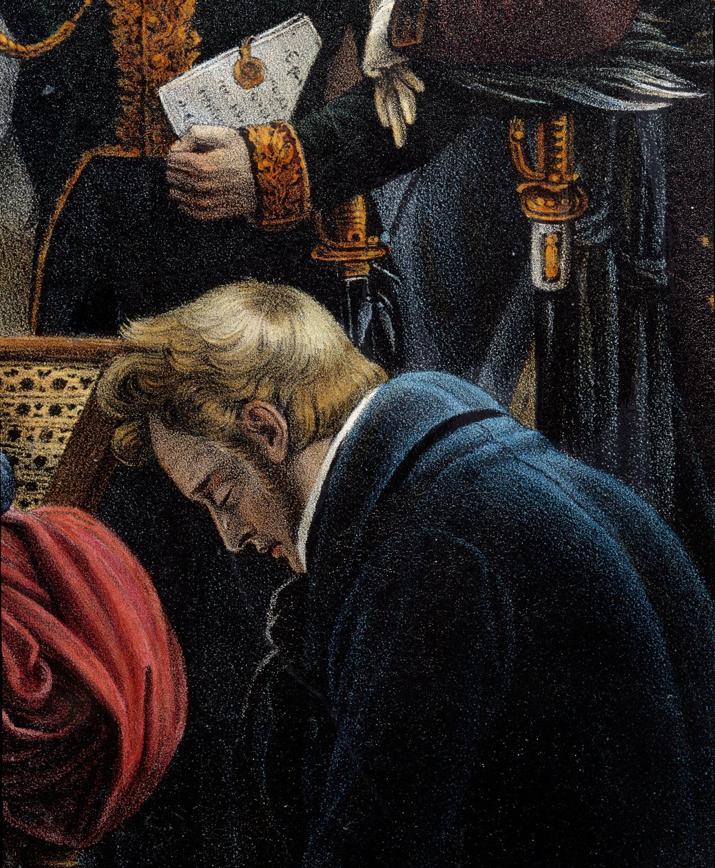 A Morte de Napoleão, 5/05/1821 em Saint Helene Detail representando Jean Abraham Noverraz (1790-1849). Litografia de Jean Pierre Marie Jazet (1788-1871) baseada na pintura de Charles Auguste Steuben (1788-1856) Malmaison. Museu Chateau de Jean Pierre Marie Jazet