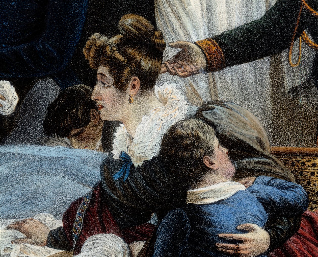 A Morte de Napoleão, 5/05/1821 em Saint Helenedetail representando Fanny Bertrand, esposa de Henri Gatien Bertrand (1773-1844). Litografia de Jean Pierre Marie Jazet (1788-1871) baseada na pintura de Charles Auguste Steuben (1788-1856) Malmaison. Chateau de Jean Pierre Marie Jazet