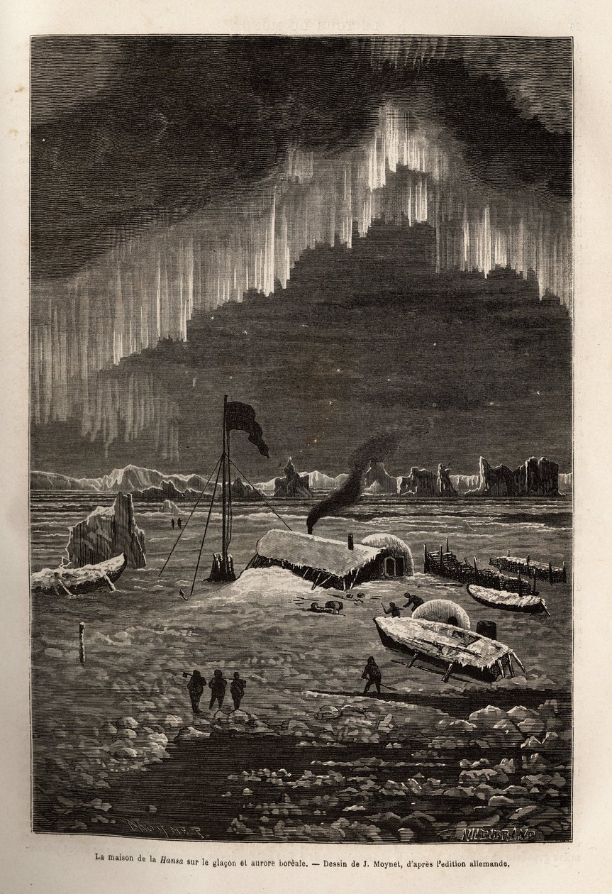 Após o abandono do seu navio, a tripulação de La Hansa construiu um acampamento sobre um derive glacon, iluminado pela aurora boreal, gravando após o desenho de J.Moynet, ilustrando a viagem dos navios La Germania e La Hansa ao Pólo Norte, em 1869- de Jean Pierre Moynet