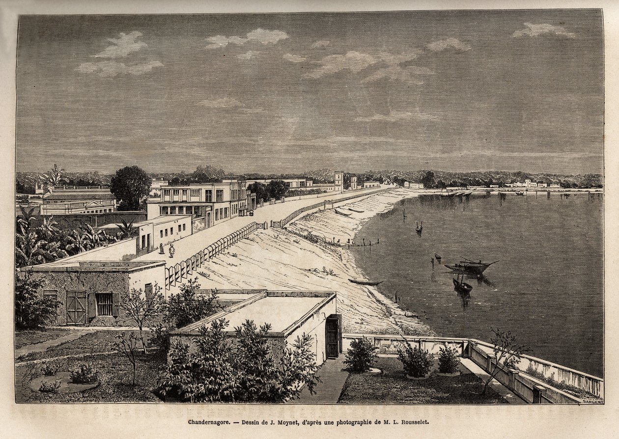 Chandernagor (actual Chandannagar, em Bengala Ocidental), nas margens do Ganges, gravado após o desenho de J.Moynet, ilustrando a viagem na Índia dos Rajahs, em 1864-1868, por Louis Rousselet, publicado em "Le tour du monde" 1874, editado de Jean Pierre Moynet