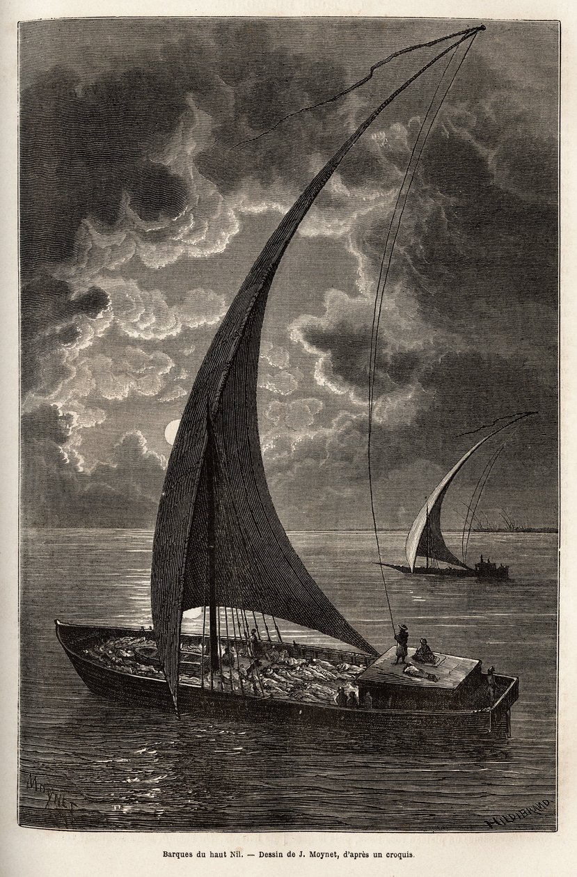 Les barques du haut Nile, tripulação reduzida e passageiros dormindo no convés, ao luar, gravado após o desenho de J.Moynet, ilustrando a viagem ao coração da África em 1868-1871, pelo Dr. Georges Schweinfurth, publicado em "Le tour du monde" 1874, edi de Jean Pierre Moynet