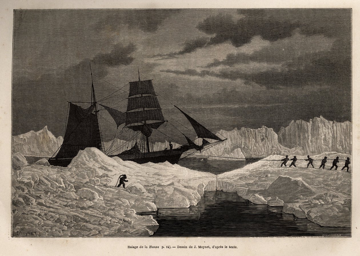 O transporte do navio alemão La Hansa, pela sua tripulação, para atravessar uma barreira de gelo em águas navegáveis, gravado após o desenho de J.Moynet, ilustrando a viagem dos navios La Germania e La Hansa ao Pólo Norte em 1869-1870, pelo Capitão Hegeman de Jean Pierre Moynet