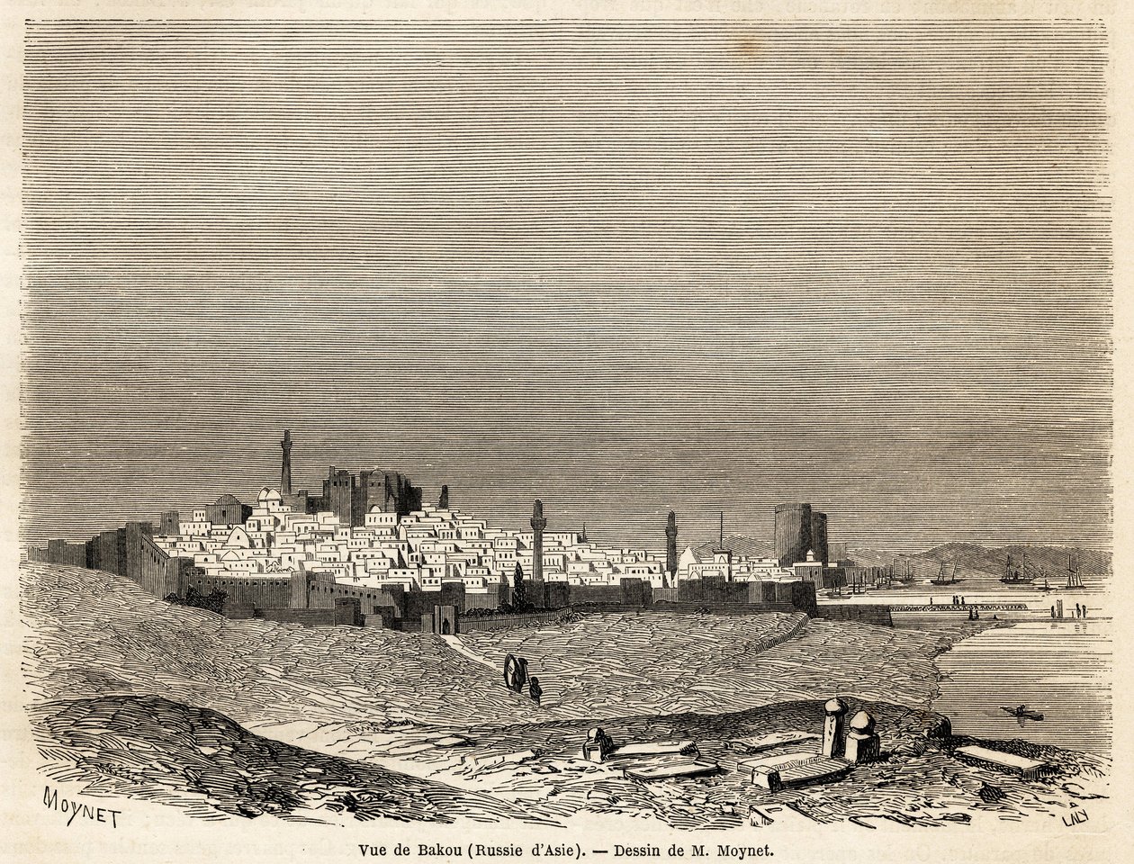 Vista de Baku (Rússia, Azerbaijão), desenho do Sr. Moynet, para ilustrar a viagem à costa do Mar Cáspio, em outubro de 1858, pelo Sr. Moynet. Gravura em "Le tour du monde, nouveau journal des voyages" Paris de Jean Pierre Moynet