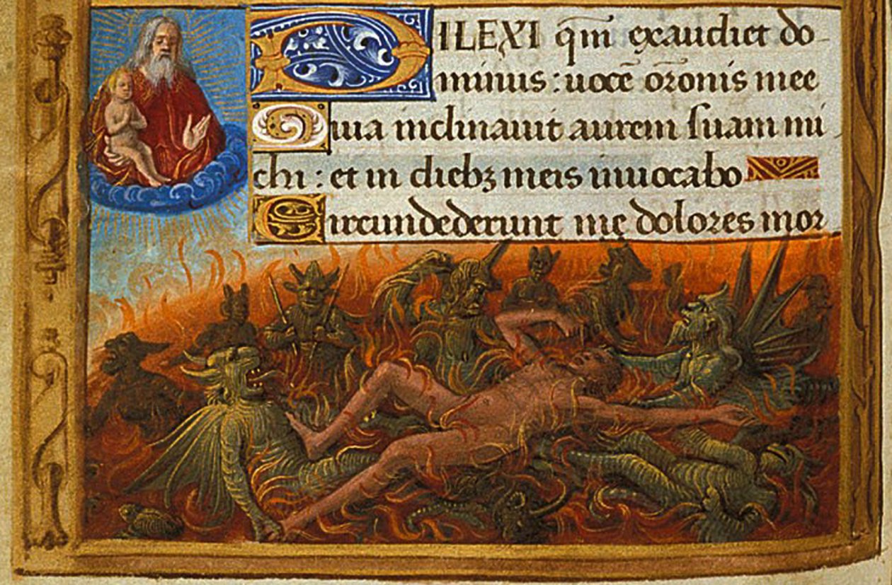 Livro de Horas, Detalhe: Mergulhos atormentados por demônios e vigiados pela alma de Lázaro, c. 1500 de Jean Poyet