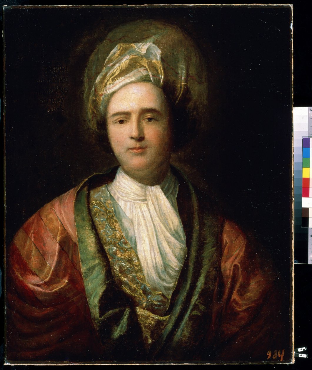 ""Retrato de um ator em traje de palco oriental"" (Retrato de um ator) Ele usa um turbante. Pintura de Jean Ranc (1674-1735) Museu de Arte Mikhail Kroshitsky do século XVIII, Sebastopol (Sevastopol) Ucrânia de Jean Ranc
