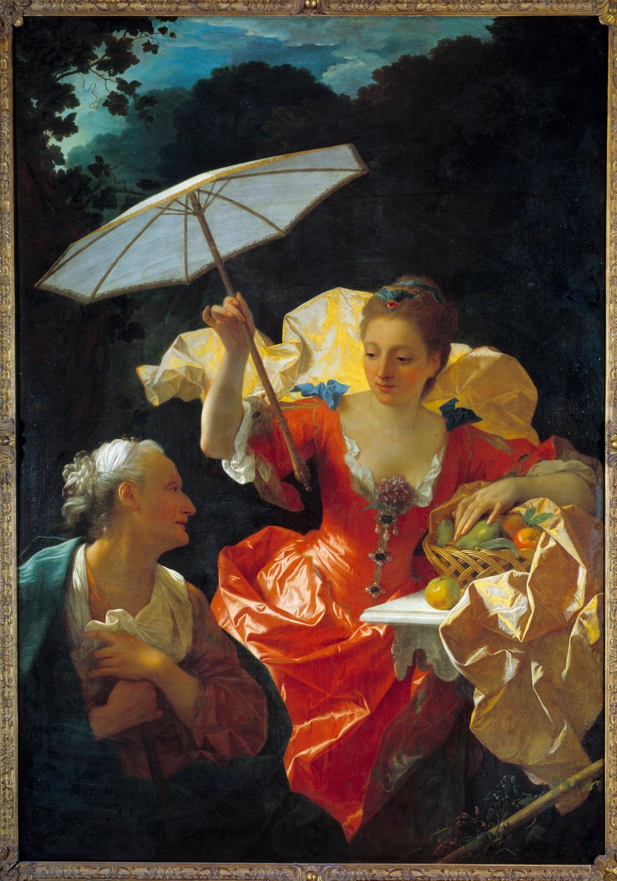 Vertumne e Pomone: Vertumne, apaixonada pela ninfa Pomone, disfarça-se de mulher velha para se aproximar dela. Pintura de Jean Ranc (1674-1735), óleo sobre tela Dim. 170x120 cm. Montpellier, Museu Fabre de Jean Ranc