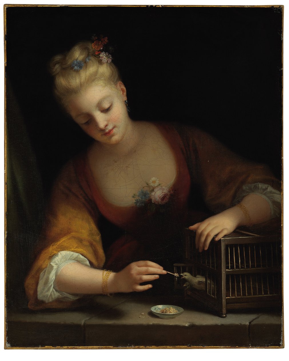 Menina jovem, comer, pássaros de Jean Raoux