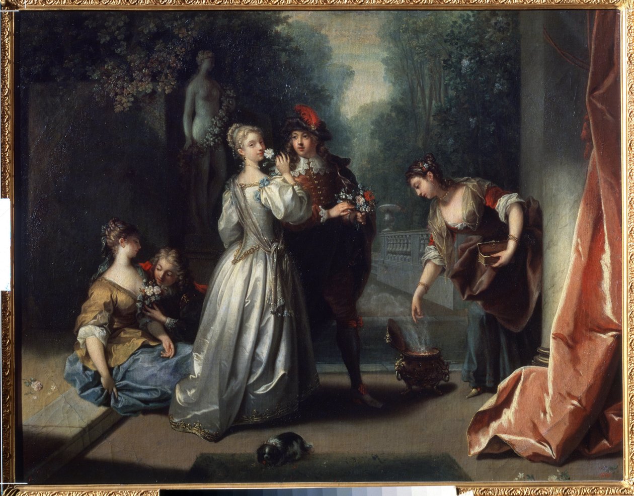 Os cinco sentidos: "O olfacto" - jovens aristocratas a cheirar flores. Pintura de Jean Raoux (1677-1734) 1725-1735 Museu Pushkin, Moscovo de Jean Raoux