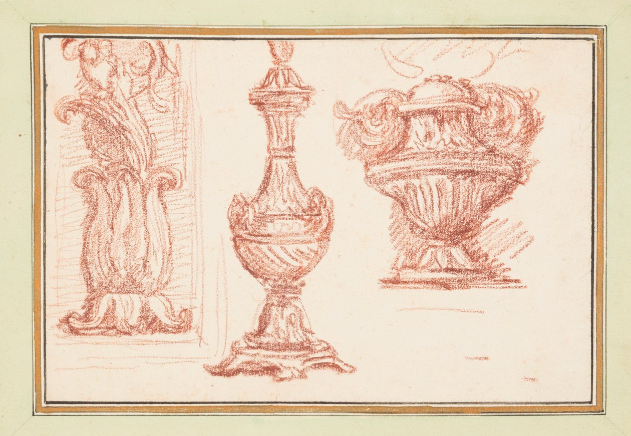 Duas urnas e um detalhe ornamental de Jean Robert Ango