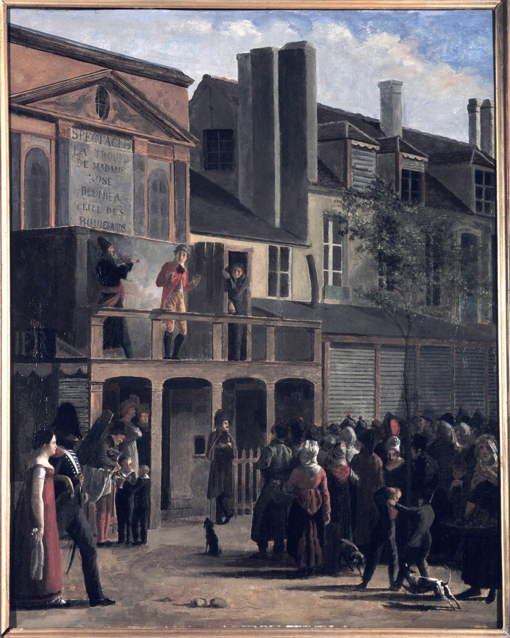 La Parade de Bobèche et Galimafre, pintura de Jean Roller, representando uma multidão que assiste a um espectáculo de rua. Pintura a óleo do século XIX. de Jean Roller