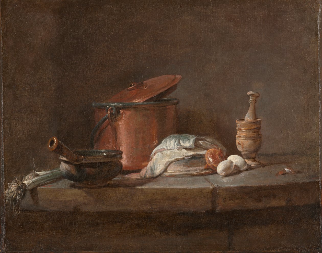 Utensílios de cozinha com alho-poró, peixe e ovos de Jean Baptiste Simeon Chardin