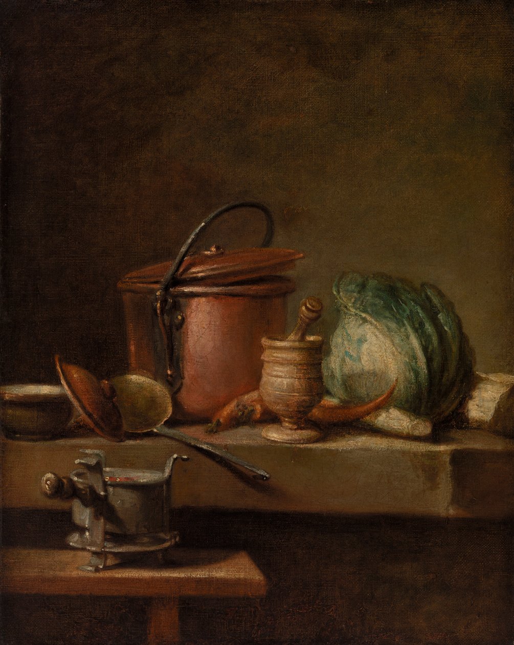 Natureza morta com panela de cobre, repolho, pilão e fogão de Jean Baptiste Simeon Chardin