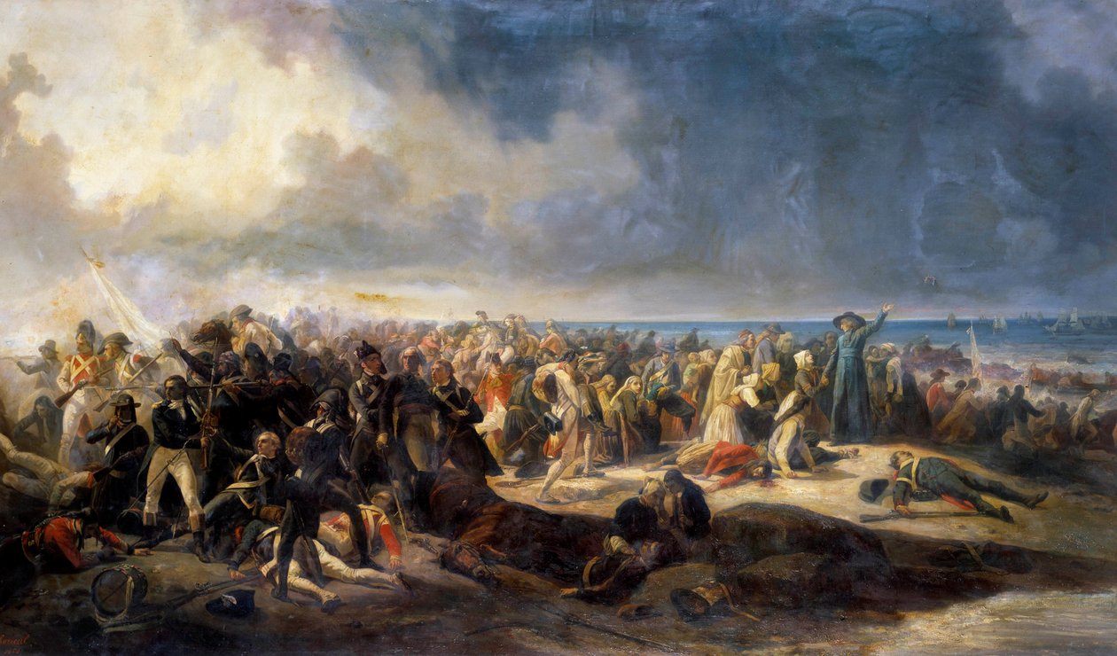 Guerras de Vendéia: “A Batalha de Quiberon”” General Lazare Hoche impediu uma tentativa de desembarcar emigrados monarquistas, ligados aos chouans, em 21/07/1795. Pintura de Jean Soreuil (1824-1871) 1850 Arras, Musee Des Beaux Arts de Jean Soreuil