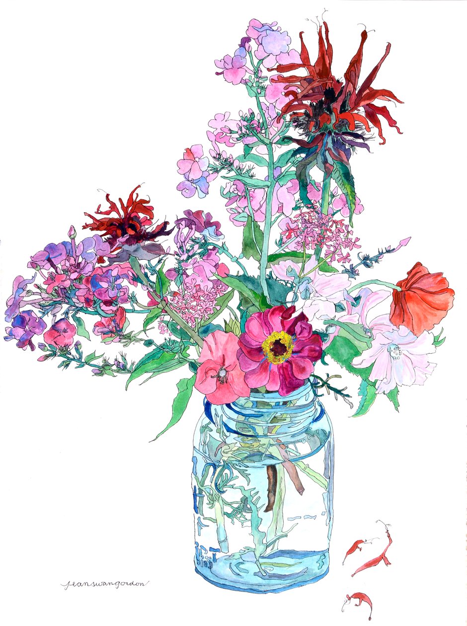 Bálsamo de abelha e papoilas num frasco de vidro, 2009 (aguarela e tinta sobre papel) de Jean Swan Gordon