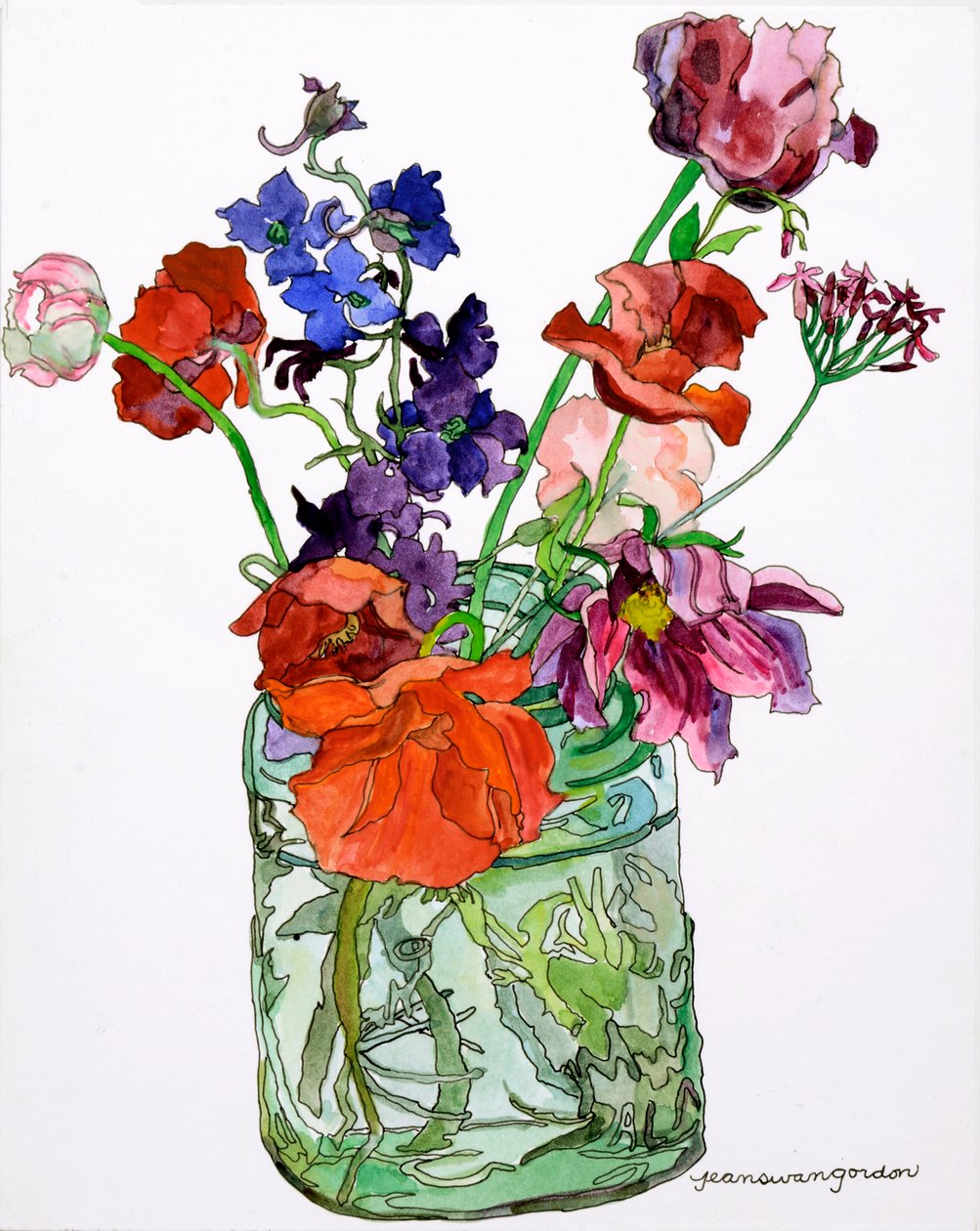 Delphiniums, Poppies  Others in Jar, 2011 (aguarela e tinta sobre papel) de Jean Swan Gordon