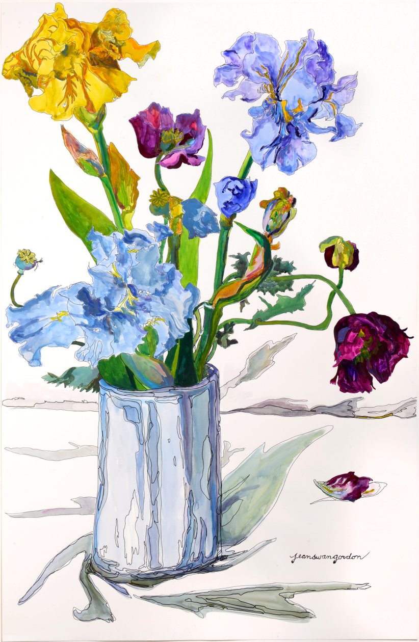 Irises, papoilas em vaso de prata (aguarela e tinta sobre papel) de Jean Swan Gordon
