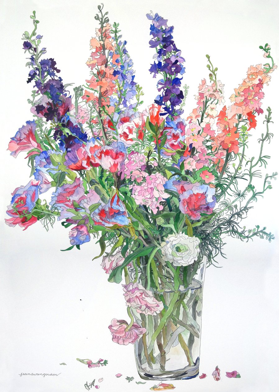 Ranúnculo, Godetia, Delphiniums, 2000 (aguarela e tinta sobre papel) de Jean Swan Gordon