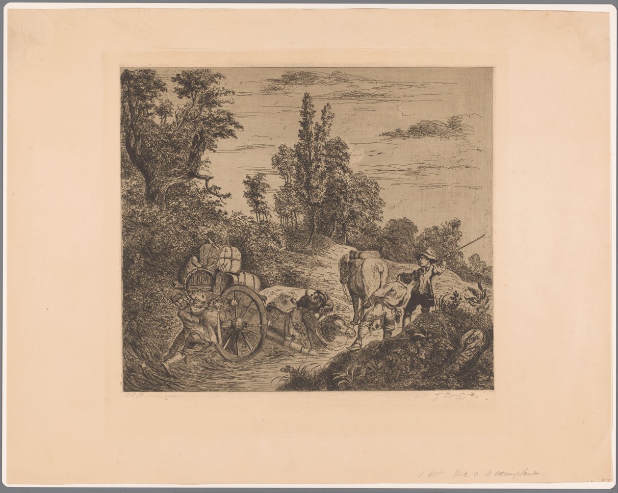 Paisagem mostrando uma carroça presa na água a ser içada para a costa por um grupo de homens de Jean Théodore Joseph Linnig