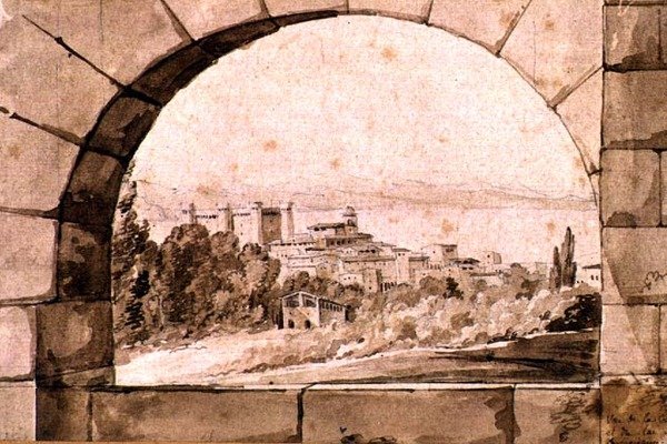 Vista da Cidade e Lago de Bracciano, c.1810 (caneta e tinta sépia com lavagem sépia sobre papel) de Jean Thomas Thibault