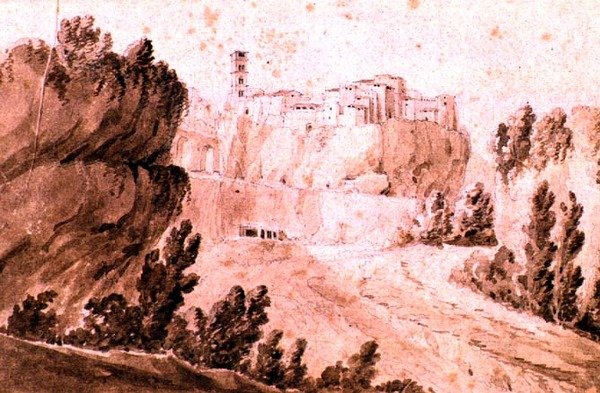 Vista da Vila de Bracciano, c.1810 (caneta & tinta sépia e lavagem em papel) de Jean Thomas Thibault