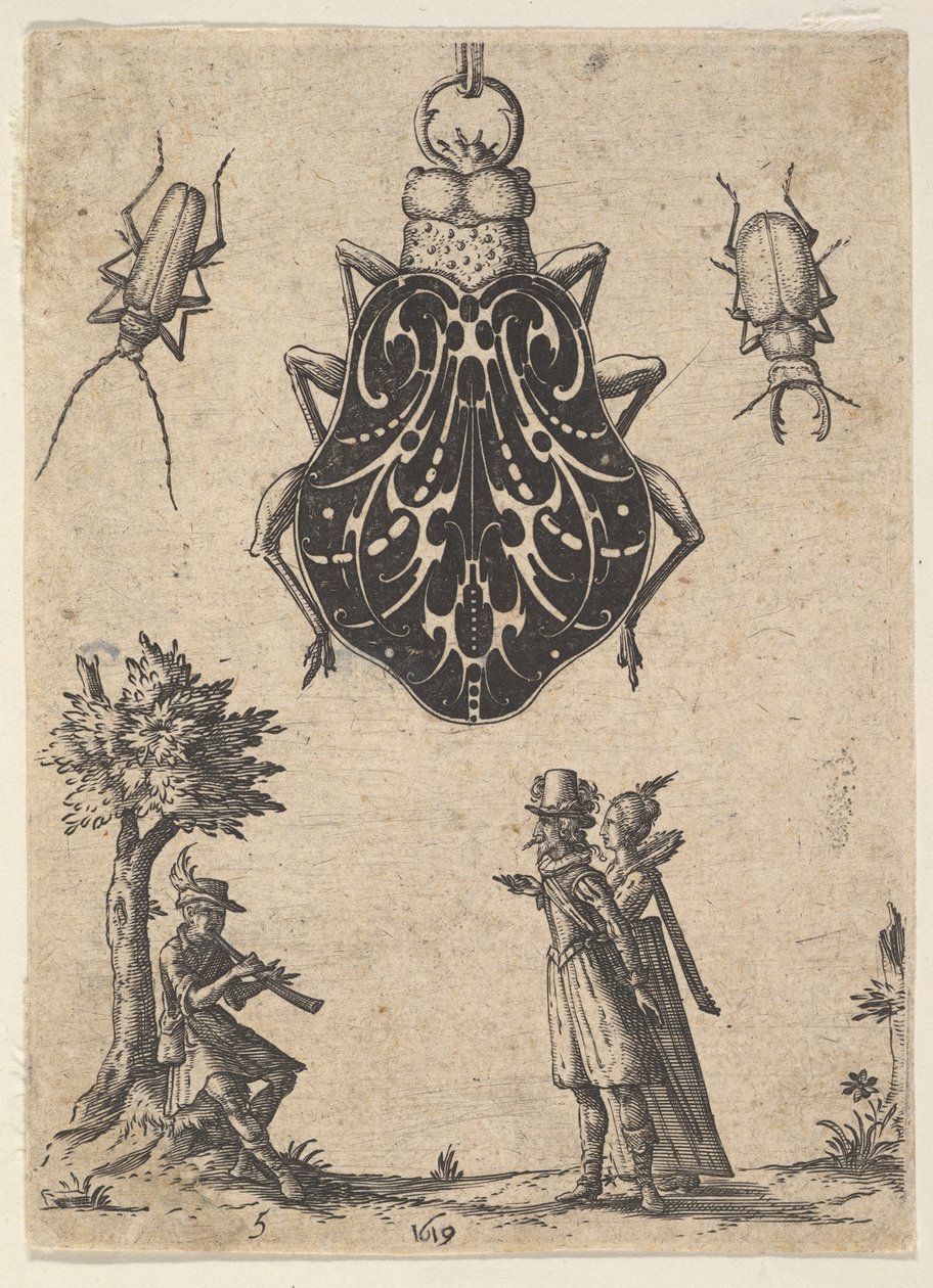 Pingente em forma de besouro com um casal e um jovem tocando um instrumento, 1619. de Jean Toutin