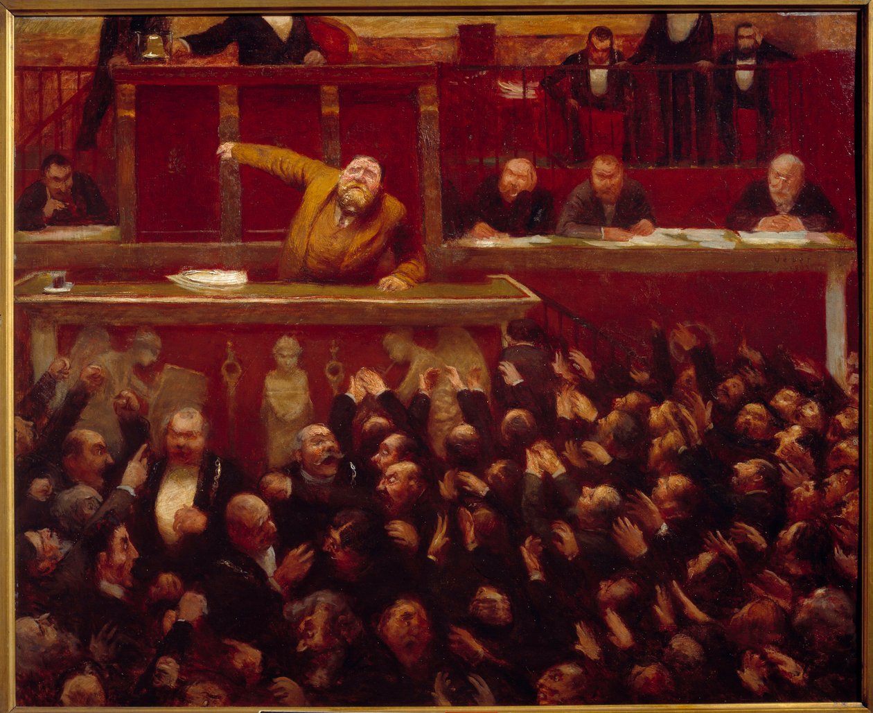 Le depute socialiste Jean Jaures (1859-1914) à la tribune de la Chambre des deputes Peinture de Jean Veber (1868-1928) 1903 Paris, musee Carnavalet - O líder socialista francês Jean Jaures (1859-1914) falando na Tribuna da Câmara dos Deputados. Pa de Jean Veber
