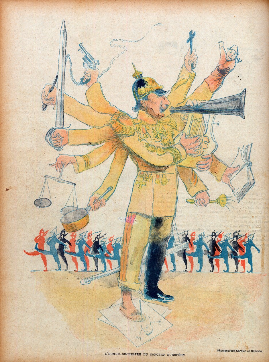 Guilherme II (1859-1941) (Kaiser Wilhelm II imperador alemão e rei da Prússia) - a orquestra masculina do concerto europeu - caricatura em "Le Rire" de 26 de Novembro de 1898 - caricatura de Jean Veber (1864-1928) - número dedicado a Guilherme II (1859-194 de Jean Veber
