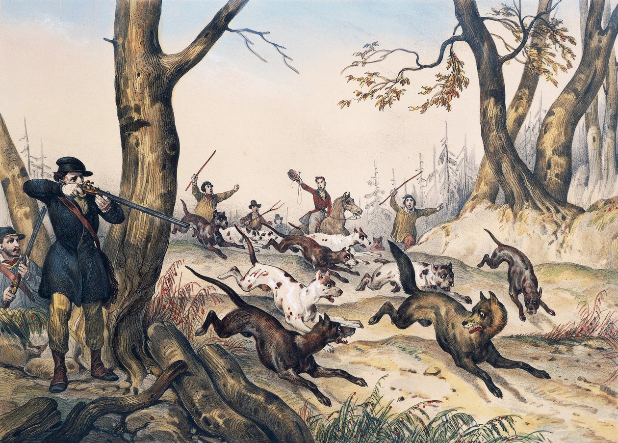 Caça ao lobo, gravura de Jean Victor Adam (1801-1866) de Jean Victor Adam