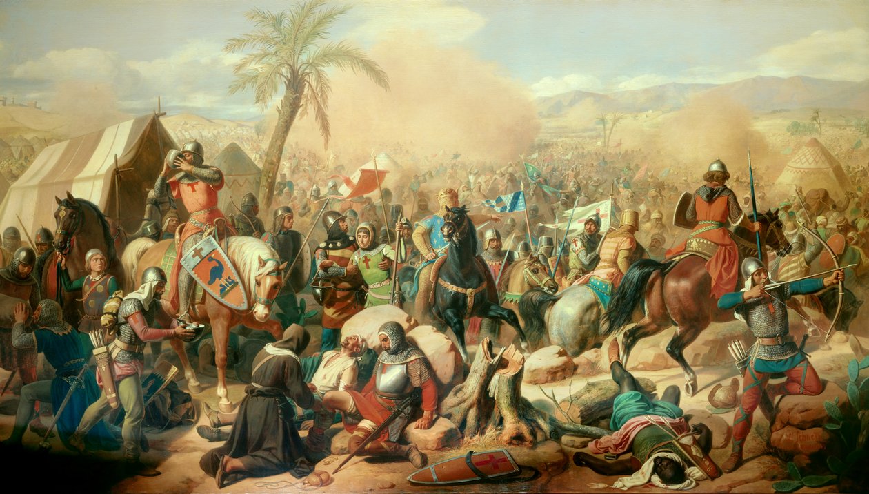 Primeira cruzada: "Batalha de Ascalon 12/08/1099, vitória de Godefroy de Bouillon (1061-1100) sobre o vizir Afdal" Pintura de Victor Schnetz (1787-1870) 1843 Sol. 3,15 x 5,56 m. Versailles. Museu do Château de Jean Victor Schnetz