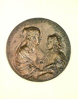 Medalha de fundação da Val-de-Grace. Verso representando Ana da Áustria (1601-66) e seu filho, Luís XIV (1638-1715) 1638 (bronze) de Jean Warin