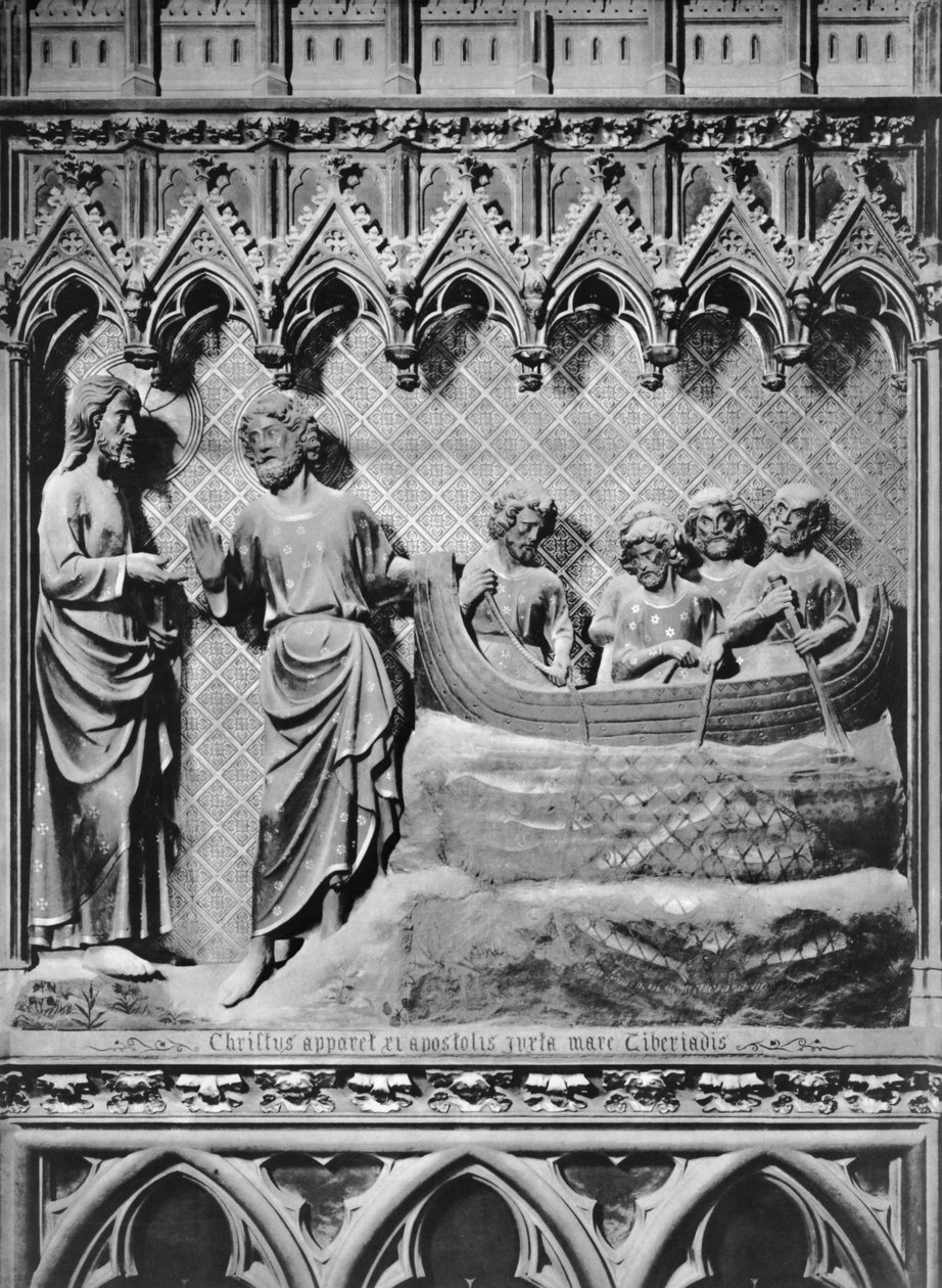 Catedral, interior, tela de coro, Jesus Cristo aparecendo no lago Tiberíades, o milagroso calado de peixes, c.1340-51 (pedra policromada) de Jean and Jean Le Boutellier Ravy